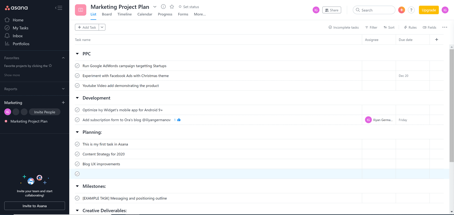 Asana UI Screenshot